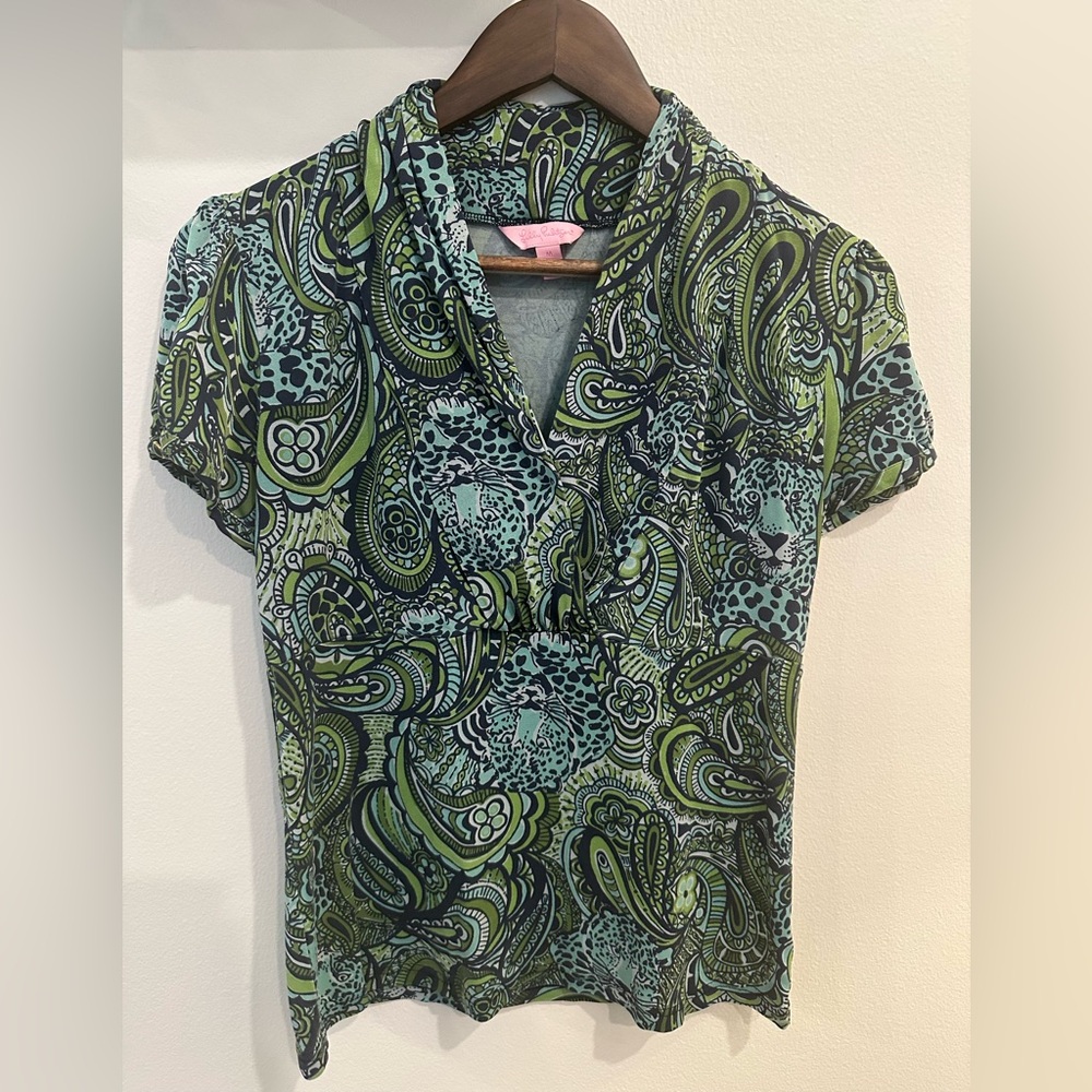 Lilly Pulitzer Green and Blue Paisley Blouse